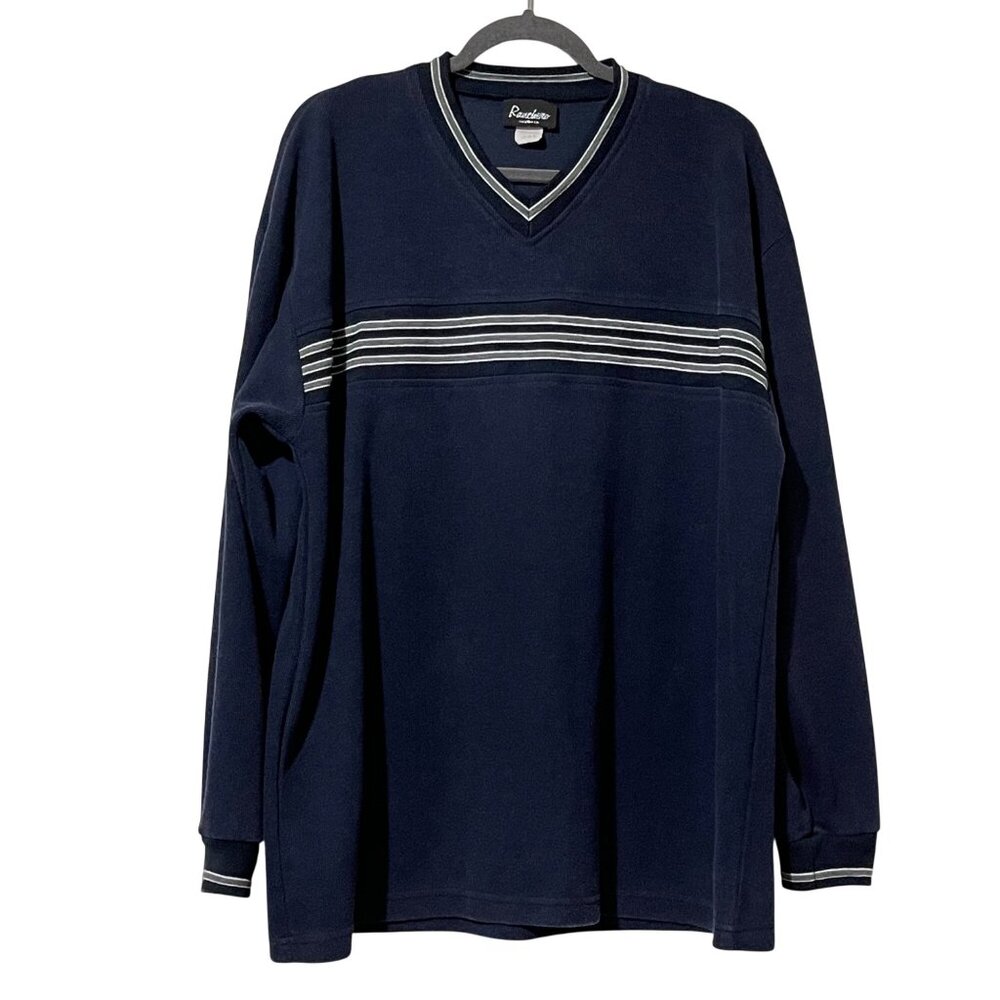 Ranchero Womens Navy Blue Striped V-Neck Long Sleeve Shirt 2XL Made in USA